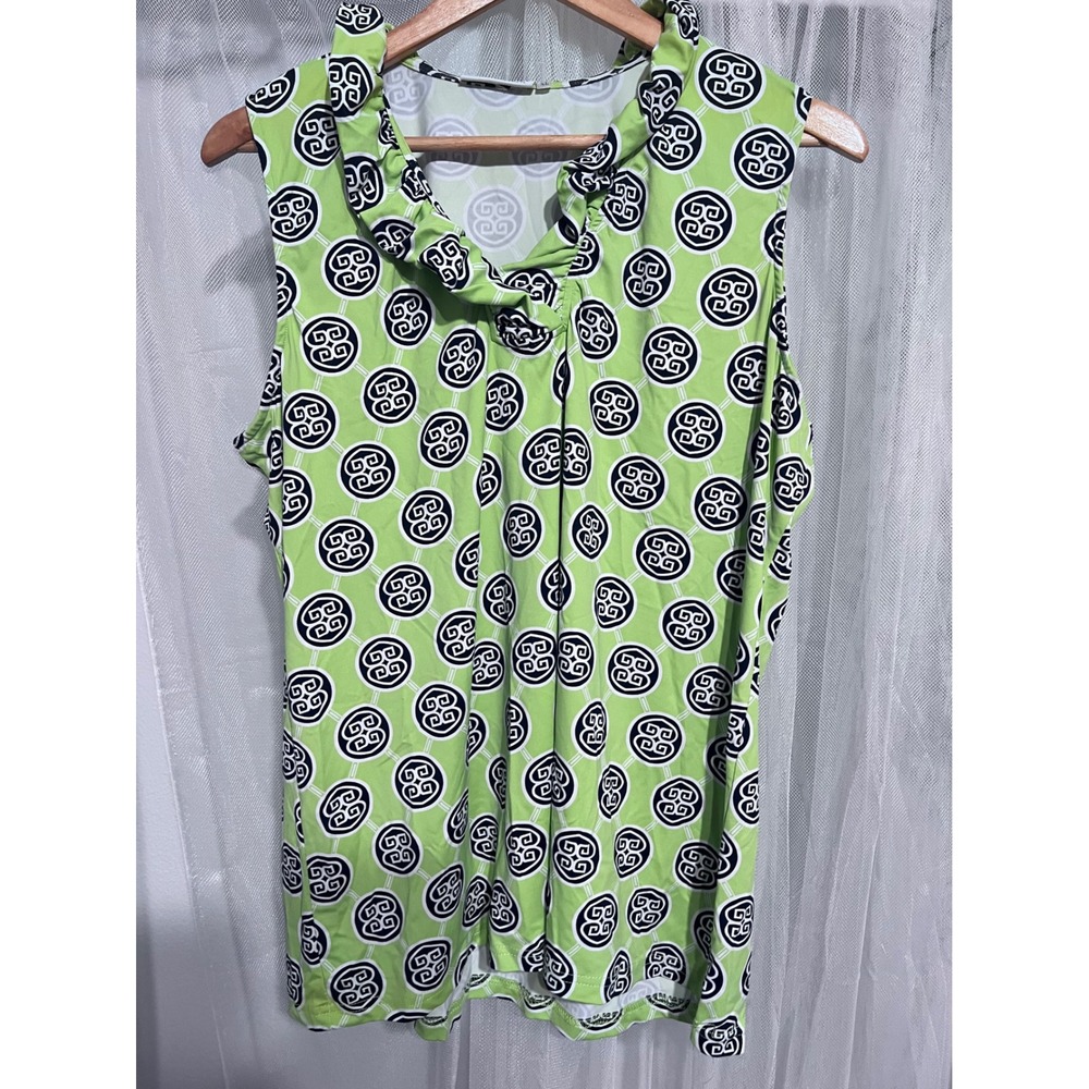 Patchington Womens XL Lime Green Medallion Print‎ Ruffle Collar Sleeveless Top